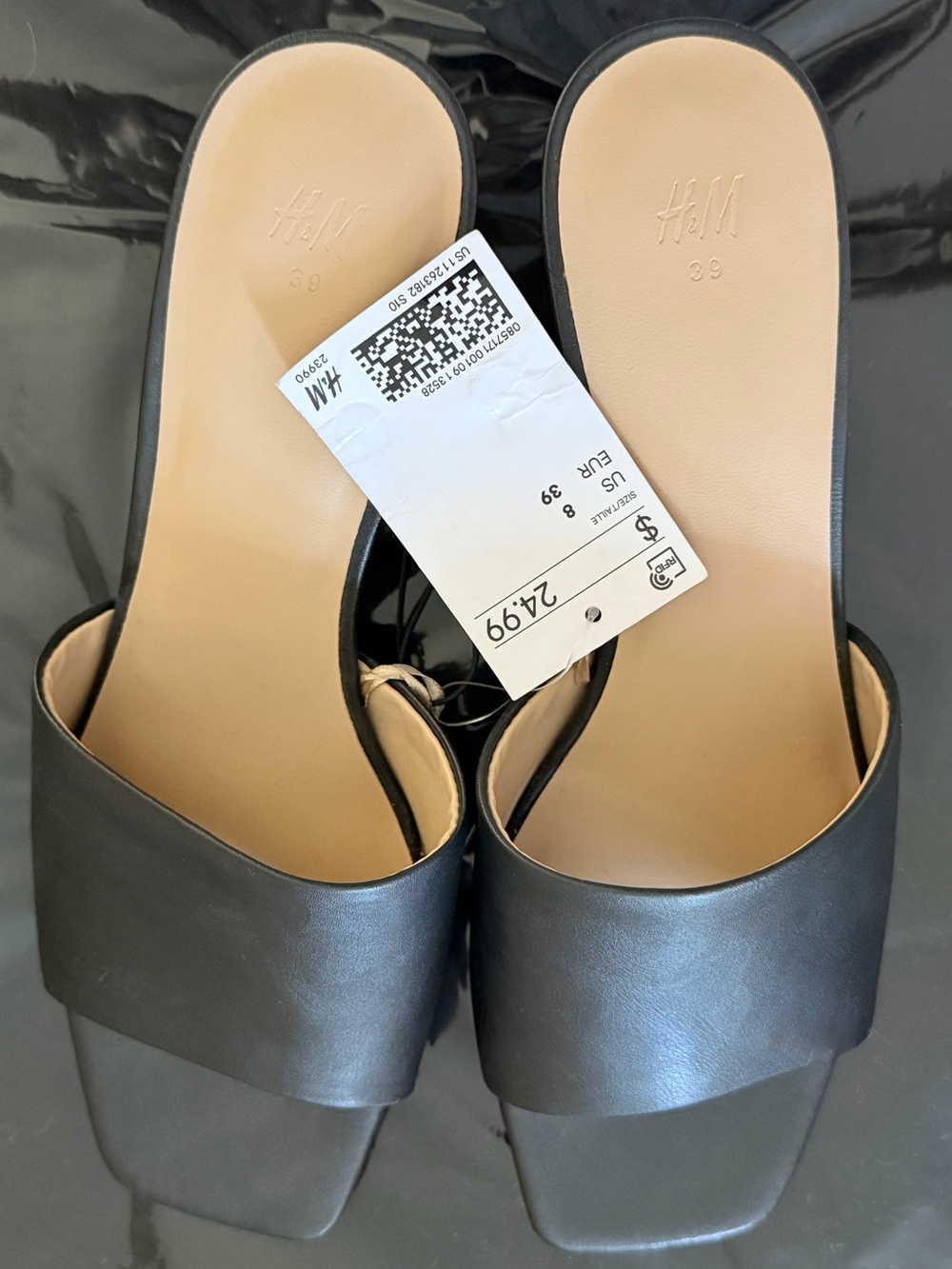 H&M Black Square Toe Kitten Heeled Mules Sandals Size 8 / EU 39